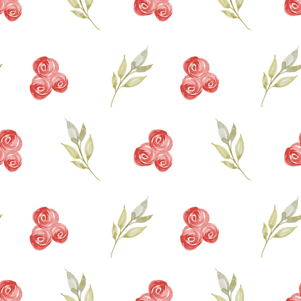 Green leaves and roses seamless watercolor pattern. Background texture. fathion trend print. hand drawn - Valokuva, kuva