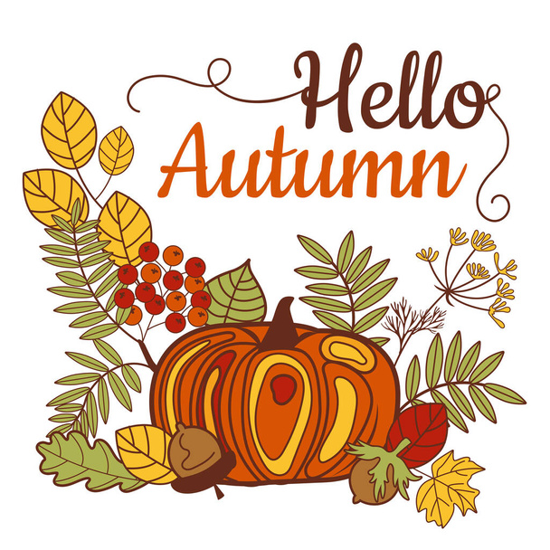 Seasonal design postcard with pumpkin and autumn leaves. Agricultural fair. Trendy fall designs. - Vector, imagen