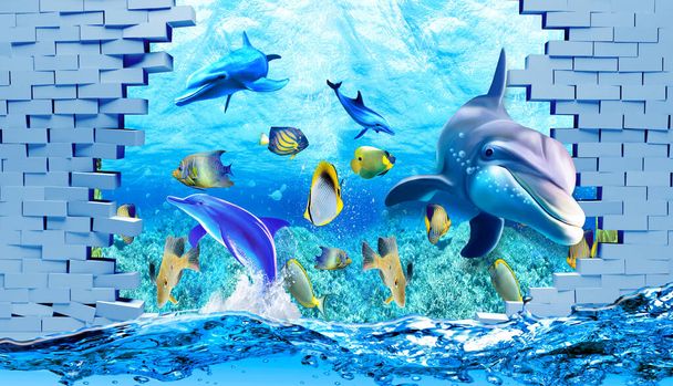3d illustrazione carta da parati sotto delfino marino, Pesce, Tartaruga, barriera corallina sabbia acqua con mattoni rotti sfondo. espanderà visivamente lo spazio in una piccola stanza . - Foto, immagini