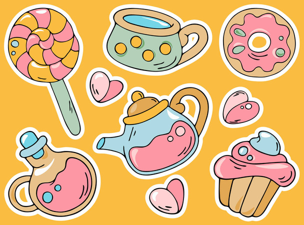 Cute hand drawn black outline cafe doodle stickers. Colorful food and drinks vector illustrations. Beautiful kind childish icons for graphic design, typography, stationery, decorating, textile products. - Vektor, obrázek