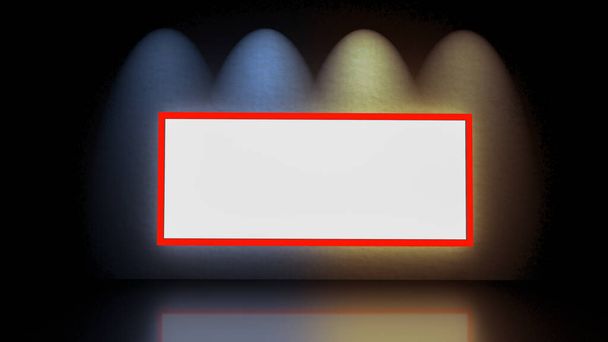 Intérieur sombre grunge avec lampes colorées et panneau d'affichage blanc vide maquette avec cadre rouge, illustration de rendu 3d. - Photo, image