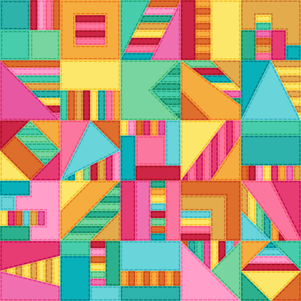 Brillante patrón universal sin costura de color azul, coral, rosa, turquesa, amarillo formas geométricas simples. Patchwork estilizado - Vector, imagen
