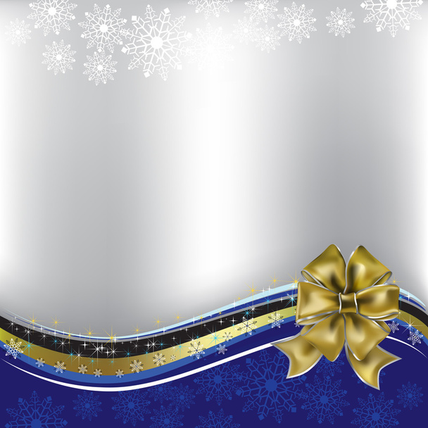 Χριστούγεννα χαιρετισμό χρυσό τόξο με κορδέλα σε ασημί φόντο - Διάνυσμα, εικόνα