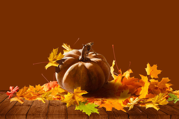 Boldog hálaadást sms jel lapos feküdt. sütőtök levelekkel és dióval stílusos sáltetőn, hely a szövegnek. szezonális üdvözlet, őszi őszi ünnepek. szüreti idő. hangulatos - Fotó, kép