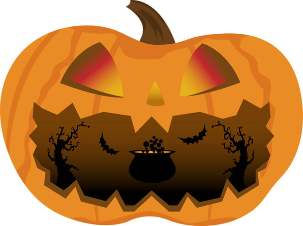 Calabaza de Halloween con ojos brillantes y una boca abierta de miedo, en el que un caldero con una poción, árboles siniestros y siluetas de murciélagos vector ilustración - Vector, Imagen