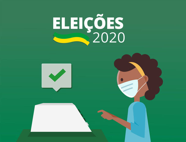 2020 Volby - Brazílie - Žena s ochrannou maskou hlasování v elektronické volební urně - Vektor, obrázek