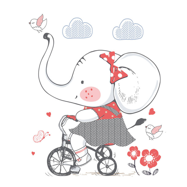 Elefante. ilustración vectorial dibujado a mano de Cute Elephant girl Montar una bicicleta. Puede ser utilizado para el diseño de la camisa del niño o del bebé, diseño de la impresión de la manera, gráfico de la manera, camiseta - Vector, imagen