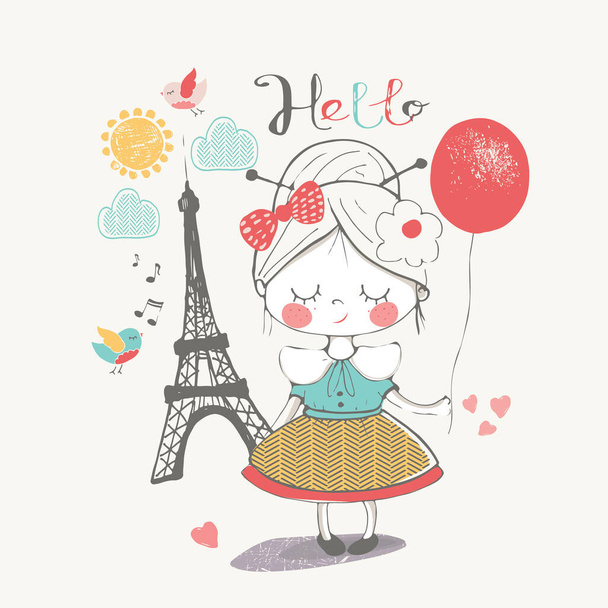  Little girl in Paris. hand drawn vector illustration. can be used for kid's or baby's shirt design, fashion print design, fashion graphic, t-shirt, kids wear,greeting card,invitation card - Vector, Image