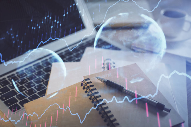 Double exposure of financial chart drawing and desktop with coffee and items on table background. Concept of forex market trading - Φωτογραφία, εικόνα
