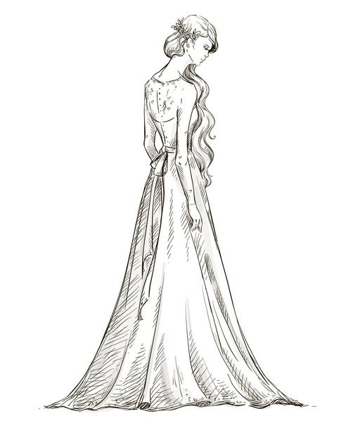 Beautiful girl with long hair. Bride. Bridal dress. hand drawn. vector. - Vector, Image