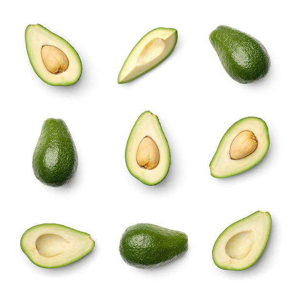 Raccolta di avocado isolati su sfondo bianco. Set di immagini multiple. Parte della serie - Foto, immagini