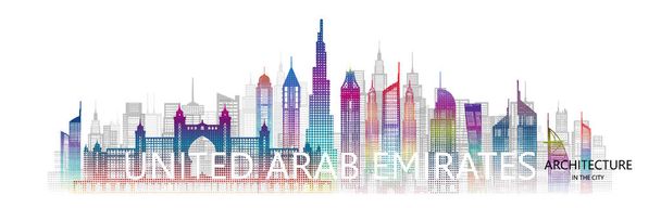 Modern mimari şehir manzarası gökdeleni Birleşik Arap Emirlikleri Asya renkli sanat üzerine. Beyaz arka planda Dubai 'nin ünlü Asya şehrinde BAE mimari simgelerini gezin. Seyahat panorama popüler sermaye. - Vektör, Görsel