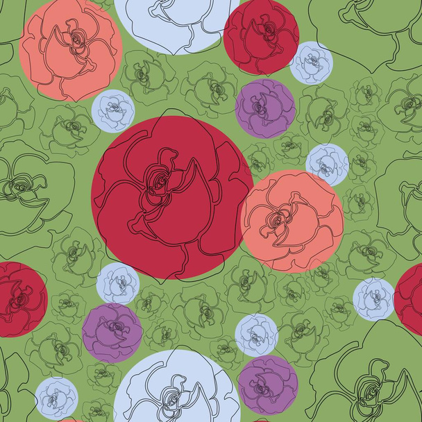    Roses contours and multicolored circles on a green background.Seamless vector pattern.For fabric, wallpaper or wrapping paper design. - Διάνυσμα, εικόνα