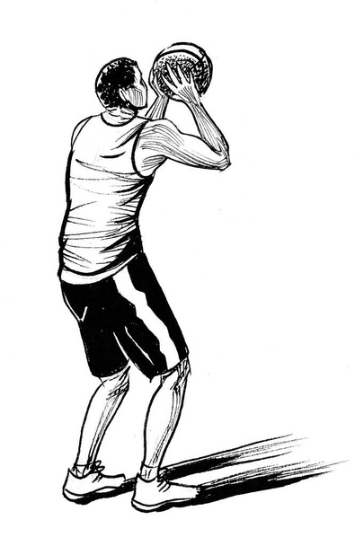 Ο νεαρός παίζει μπάσκετ. Μελάνι ασπρόμαυρο σχέδιο - Φωτογραφία, εικόνα