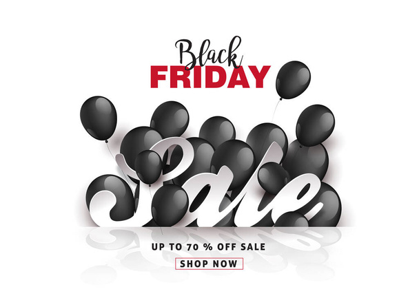 Modello di design del layout banner di vendita venerdì nero con palloncini neri. Illustrazione vettoriale - Vettoriali, immagini