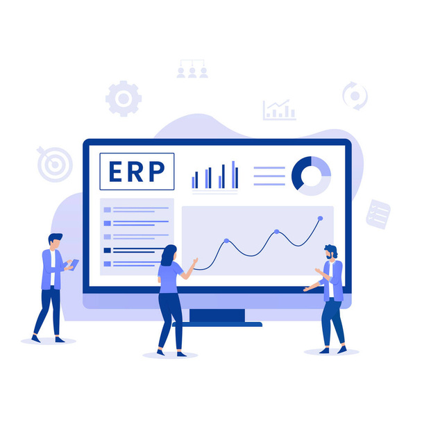 ERP Enterprise koncepcji planowania zasobów ilustracji, produktywność i wzmocnienie firmy. Ilustracja stron internetowych, stron docelowych, aplikacji mobilnych, plakatów i banerów. - Wektor, obraz