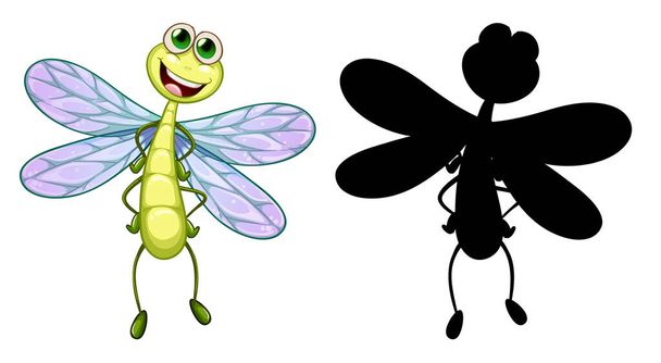 Set of insect cartoon character and its silhouette on white background illustration - Vector, Image
