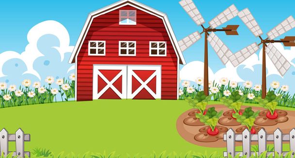Farm scene in nature with barn and windmill illustration - Vector, Image