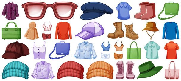 Set of fashion outfits and accessories on white background illustration - Vector, Image