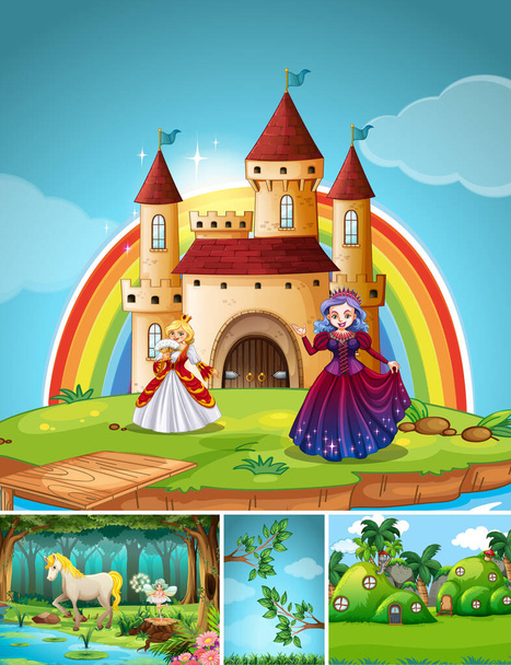 Cuatro escenarios diferentes de mundo de fantasía con lugares de fantasía e ilustración de personajes de fantasía - Vector, Imagen