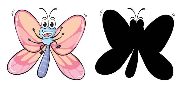 Conjunto de personajes de dibujos animados de insectos y su silueta sobre fondo blanco ilustración - Vector, imagen
