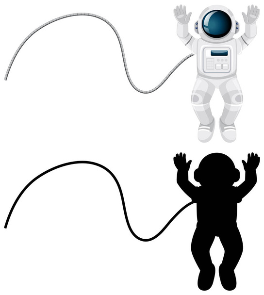 Set von Astronautenfiguren und ihre Silhouette auf weißem Hintergrund - Vektor, Bild