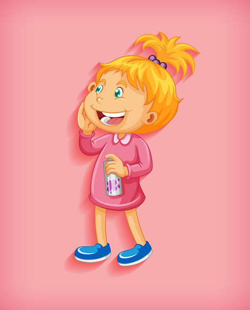 Aranyos kislány mosolyog álló helyzetben rajzfilm karakter elszigetelt rózsaszín háttér illusztráció - Vektor, kép
