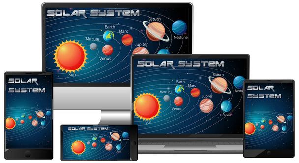 Набір електронних пристроїв з сонячною системою на ілюстрації екрану
 - Вектор, зображення