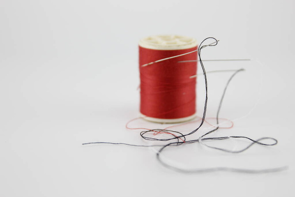 Red sewing thread Put on a white background - 写真・画像