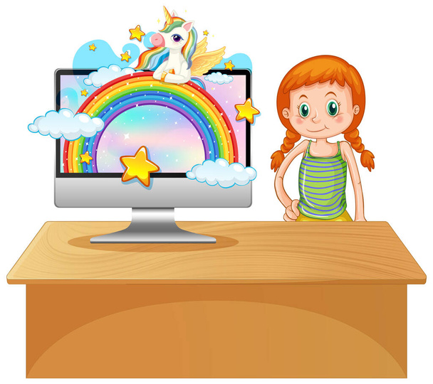 Unicorn on computer background illustration - Vector, Image