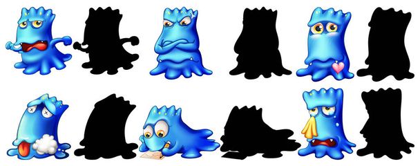 Set van blauw monster met zijn silhouet op witte achtergrond illustratie - Vector, afbeelding