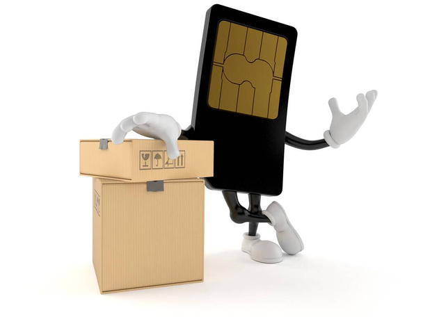 Χαρακτήρας κάρτας SIM με στοίβα από κουτιά που απομονώνονται σε λευκό φόντο. 3D εικονογράφηση - Φωτογραφία, εικόνα
