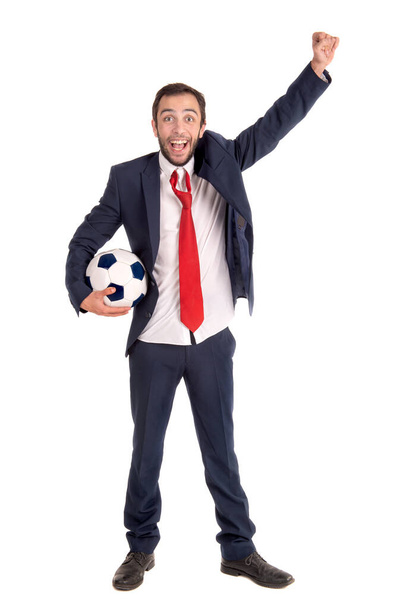 Liikemies jalkapallo pallo poseeraa eristetty valkoinen - Valokuva, kuva