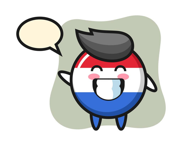 Bandera de los Países Bajos insignia personaje de dibujos animados haciendo gesto mano ola - Vector, Imagen
