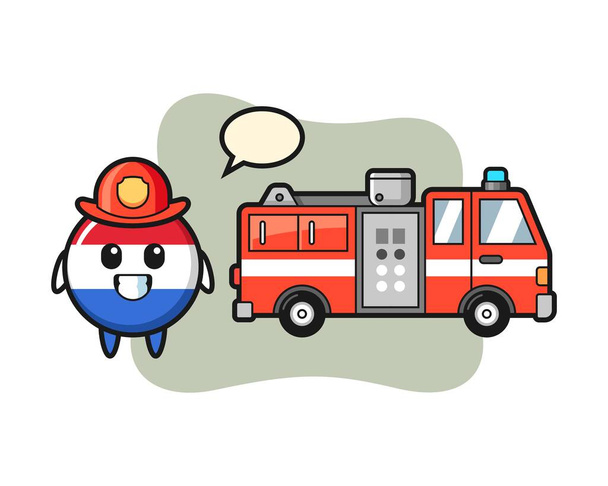 Mascot character of netherlands flag badge as a firefighter - Vector, Image