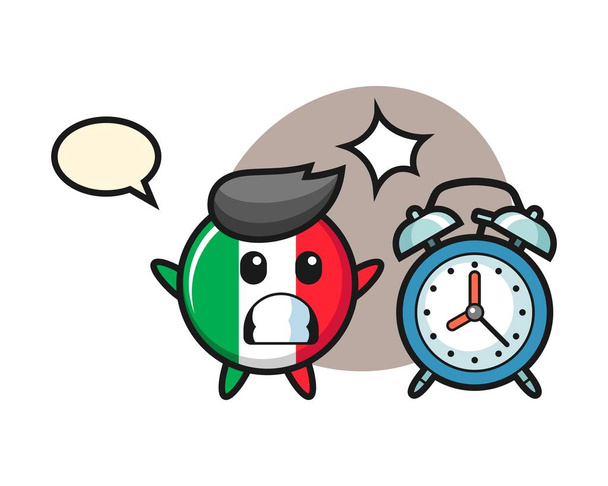 Ilustración de dibujos animados de la insignia de la bandera de Italia se sorprende con un reloj despertador gigante - Vector, Imagen