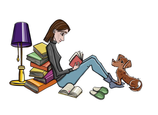 Lady leyendo con lámpara y libros. Ilustración vectorial - Vector, Imagen