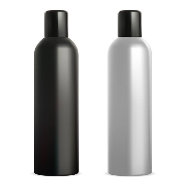 Aerosoldose. Deo-Spray-Attrappe. Aluminiumflasche für Haarspray, realistische Schwarz-Weiß-Vorlage. Lufterfrischungsbehälter mit Deckel. Graffiti-Farbzylinder Blech /. Schweißhemmende Verpackungen - Vektor, Bild