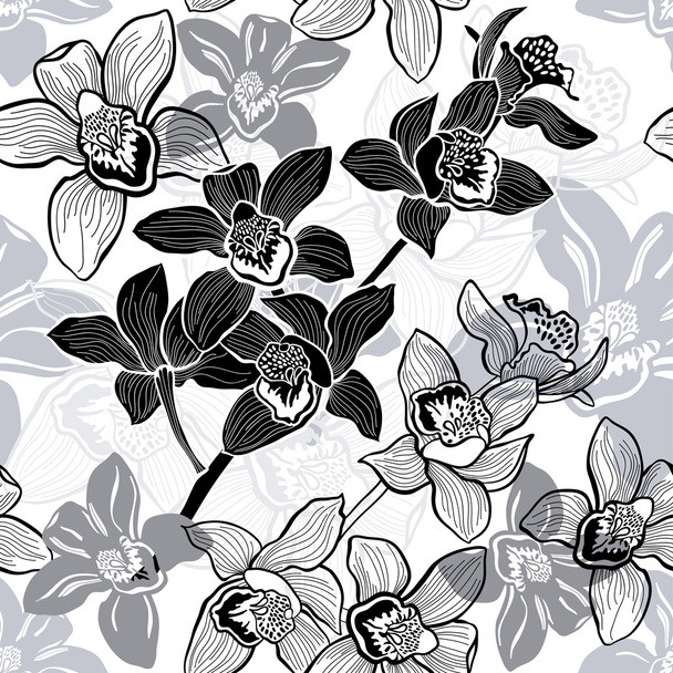 Monochrome seamless background with hand drawn orchids. - Wektor, obraz