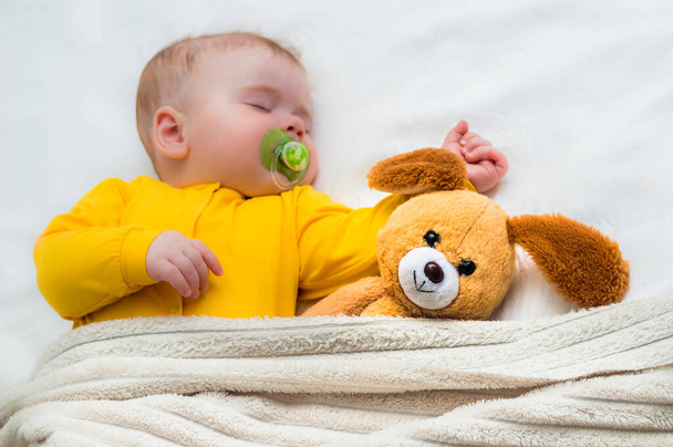 Close-up portrait of a sleeping baby in an embrace with a toy and a pacifier in his mouth. - Foto, imagen