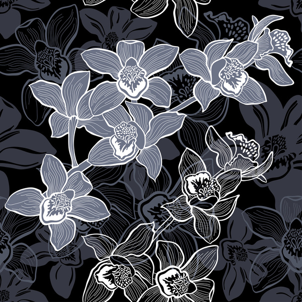 Floral seamless pattern with hand drawn orchids .Vector design. - Wektor, obraz
