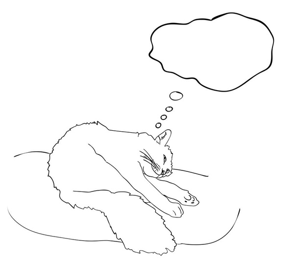 Ilustración vectorial, sueño sonriente aislado sobre algo gato feliz, nube de sueño con espacio vacío en colores blanco y negro, dibujo pintado a mano original del contorno - Vector, Imagen