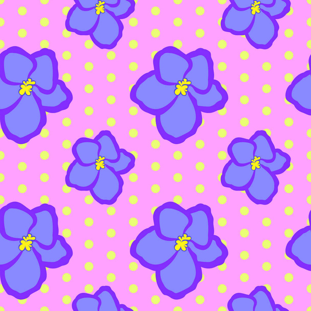 Vector Illustration, weiche nahtlose Blumenmuster im Vintage-Stil, schöne Cartoon lila violette Blumen auf rosa gepunktetem Hintergrund - Vektor, Bild