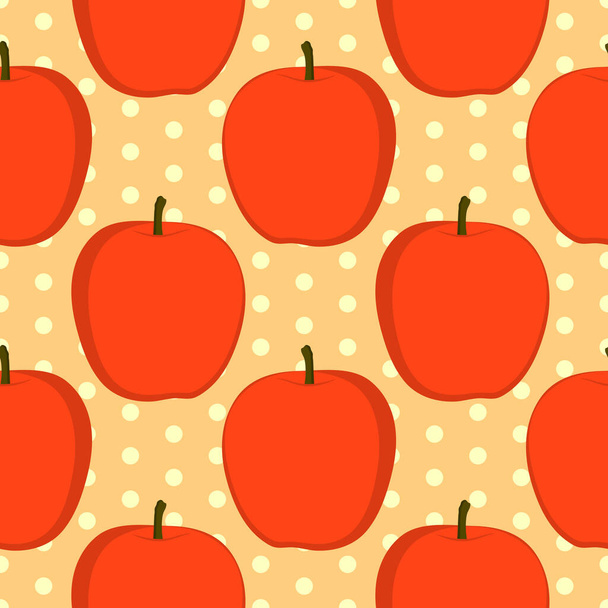 Векторная иллюстрация, мягкий бесшовный узор в винтажном стиле, красивые мультяшные красные яблоки на бежевом пунктирном фоне - Вектор,изображение