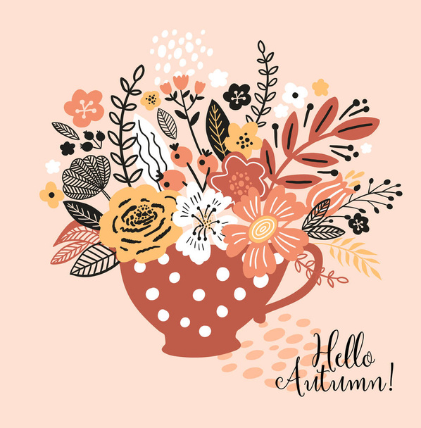 Lovely autumn card with a cup, flowers, lwavwes and with the inscription Hello autumn. Perfect for greeting cards, postcards, t-shirt design and other yours design in trend colors. - Vector, Image