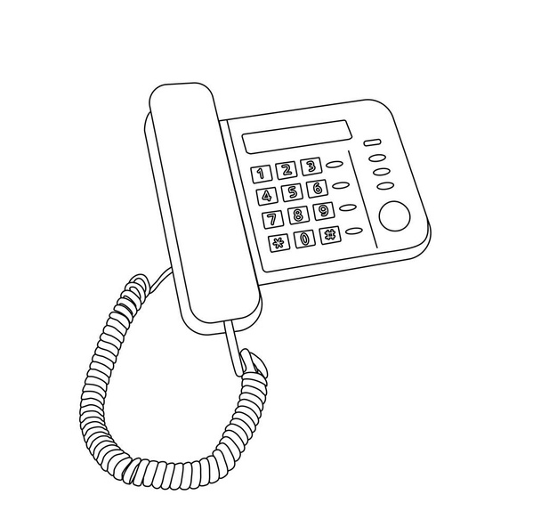 Vektorová ilustrace, izolovaný desktopový drátový telefon s tlačítky v černé a bílé barvě, obrys ručně malované kresby - Vektor, obrázek