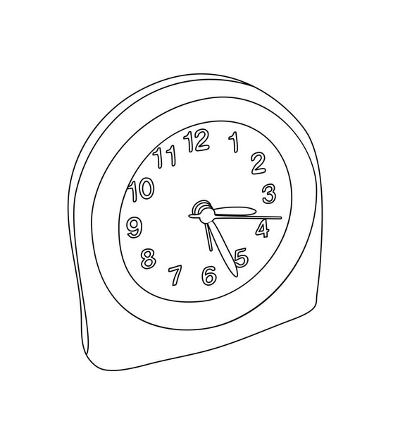 Illustration vectorielle, horloge ronde de bureau isolée en noir et blanc, dessin peint à la main - Vecteur, image
