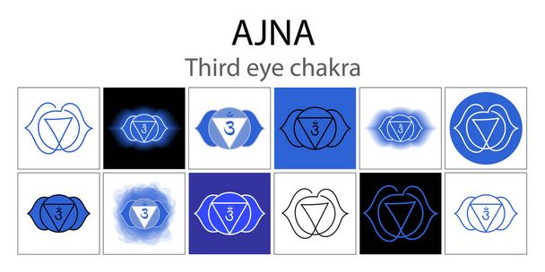 Ajna icon set. The sixth frontal chakra. Third eye. Vector indigo blue gloss and shine. One line symbol collection. Outline sacral sign. Meditation - Vector, Image