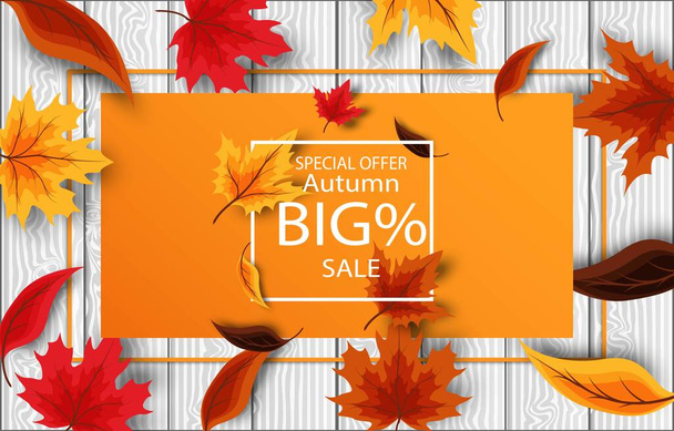 Őszi eladás banner színes és evezős szezonális őszi levelek vásárlási kedvezmény promóció. Vektor illusztráció. fehér háttér, kezdőlap - Vektor, kép