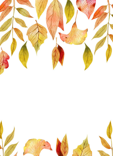 Card template, frame of watercolor fall red and yellow leaves; hand painted illustration on a white background for invitation, greeting card - 写真・画像